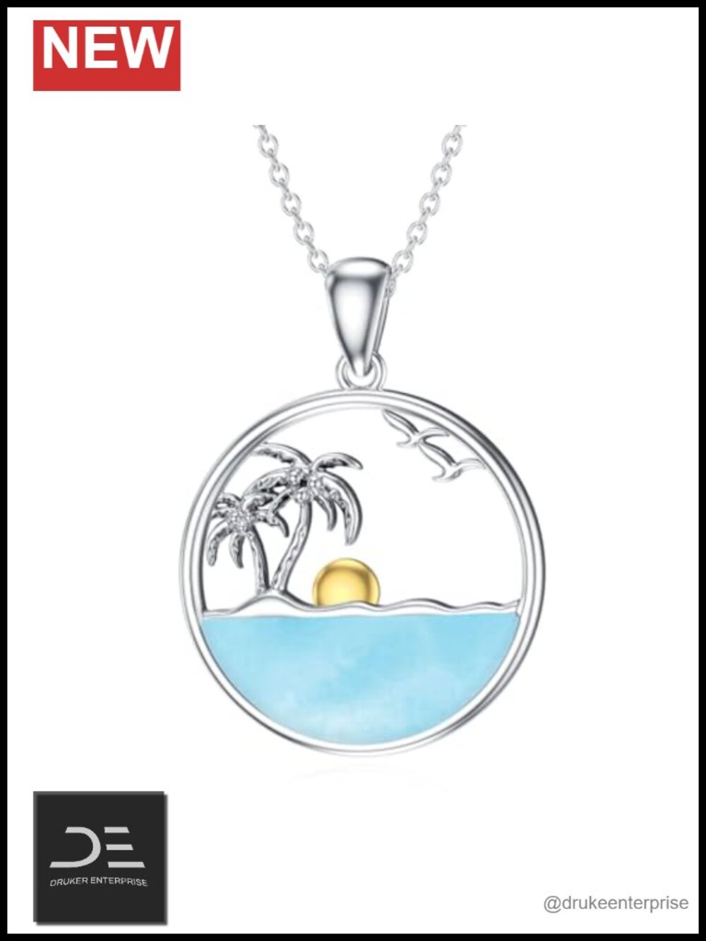 Sterling Silver Larimar Pendant Necklace Ocean Palm Tree Jewelry for Women Gift